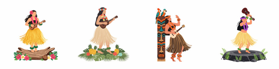 Vector Illustration Set of Hawaiian Women in Traditional Hula Skirts Playing Ukulele with Tiki Poles, Tropical Flowers and Exotic Birds. © Nadya