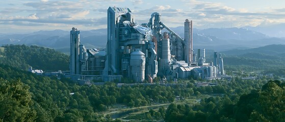 Fototapeta premium Futuristic sustainable cement plant with carbon capture technology, massive industrial architecture, eco engineering innovation,