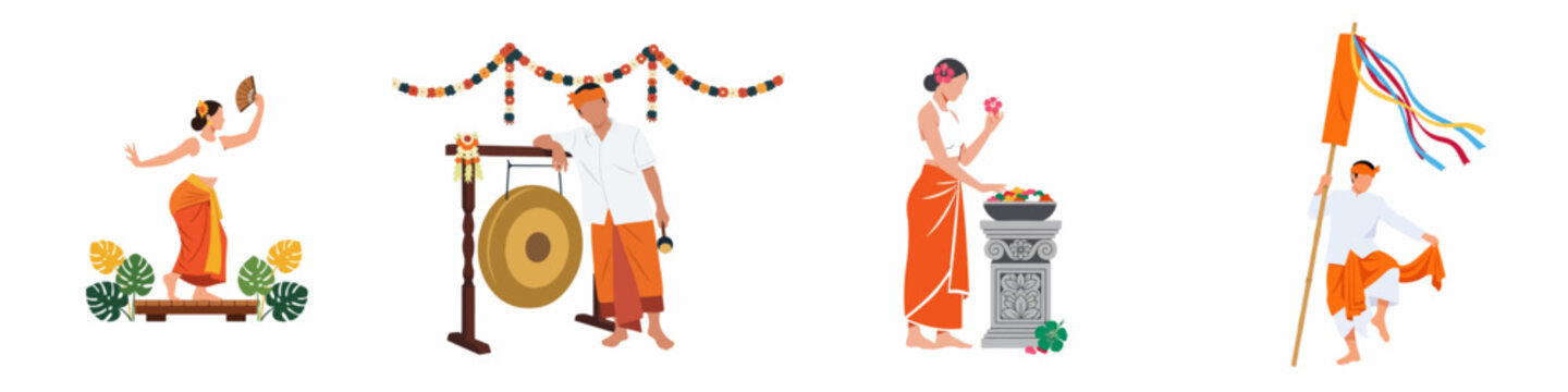 Flat vector illustration set of Balinese people performing traditional activities, including dance, music, and religious offerings in authentic local costumes.