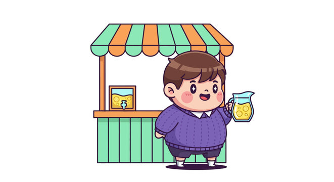 Cheerful cartoon man holding lemonade at colorful stand.