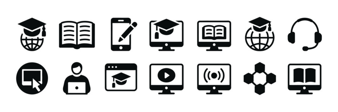 E Learning and online Study vector icon set with Book, Graduation, Network, Video Course and Education symbols for Digital Classroom design.