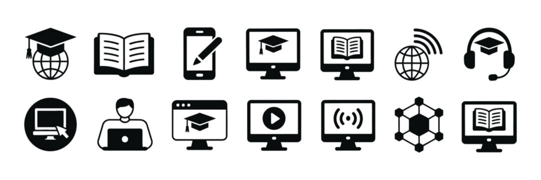 E Learning and online Study vector icon set with Book, Graduation, Network, Video Course and Education symbols for Digital Classroom design.