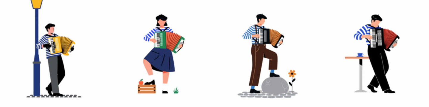 Set of French characters in berets and striped shirts playing accordions in various settings, flat vector illustration on white background.