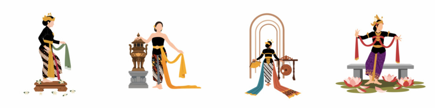 Vector illustration set of women wearing traditional Javanese Indonesian clothing, featuring batik patterns and cultural elements like gong and lotus flowers.