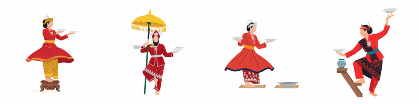 Vector Illustration of Traditional Indonesian Minangkabau Tari Piring Dancers in Red Costumes Performing with Plates on a White Background