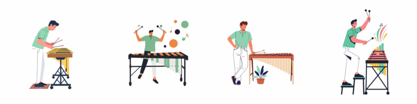Set of vector illustrations featuring a male musician playing different xylophone and vibraphone instruments with mallets in various poses and settings.
