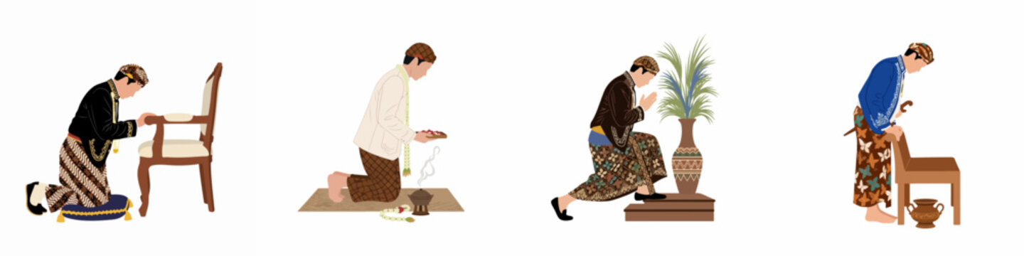 Flat Illustration Set of Men in Traditional Javanese Attire Performing Various Ceremonial Rituals and Gestures of Respect on a White Background