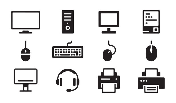Digital hardware devices and computer peripheral icons set with monitors printers headsets.