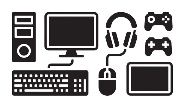 Gaming hardware and computer workstation peripherals silhouette collection for digital setup.