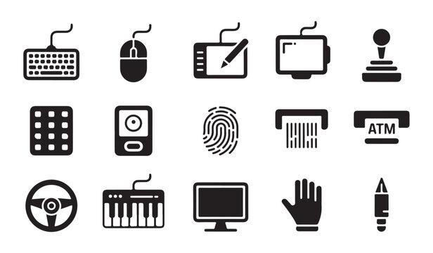 Technology input devices, computer accessories, and payment system icons.