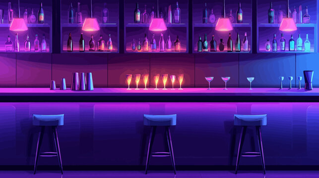 Neon-lit bar with colorful bottles and glowing glasses, quiet ambiance