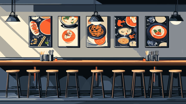 Modern dining space with colorful food art posters, bar seating