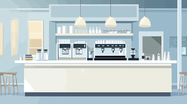 Modern cafe counter with coffee machines, glasses, and decor