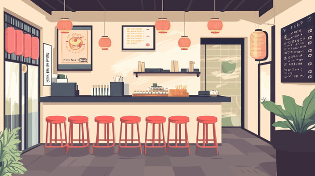 Cozy Japanese caf? interior with bar seating and hanging lanterns