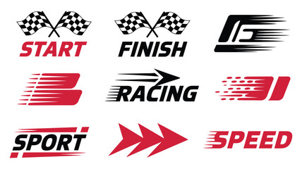Obraz premium Racing and speed themed logos featuring checkered flags start finish line elements sport competition typography dynamic motion branding identity vector designs