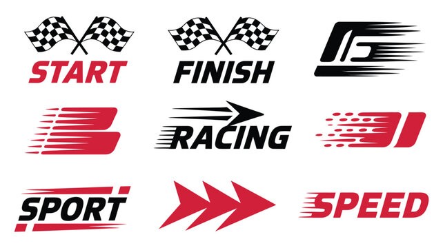 Racing and speed themed logos featuring checkered flags start finish line elements sport competition typography dynamic motion branding identity vector designs