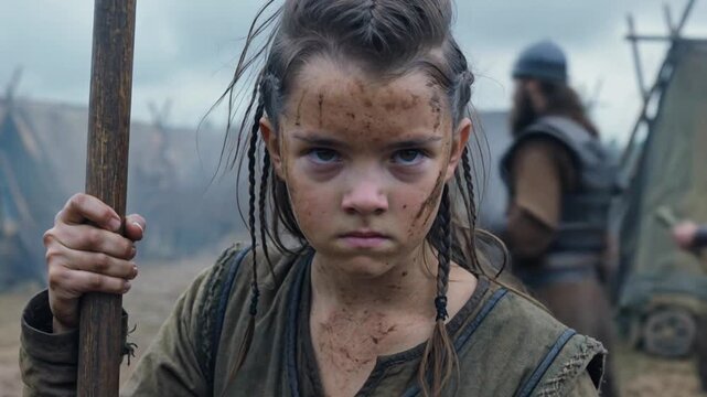 Fierce young girl warrior with dirt on face holding wooden spear in Viking encampment setting looking intensely at camera with braided hair and medieval tunic in historical drama
