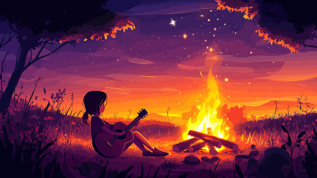 Young girl playing guitar beside campfire under starry twilight sky