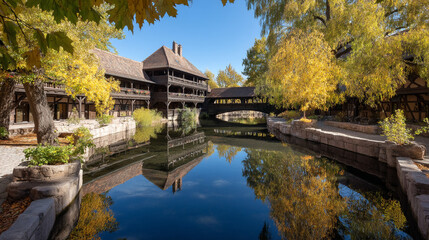 Naklejka premium Autumn landscape with wooden structure reflected in peaceful water pond surrounded by yellow trees