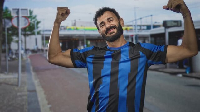 Man flexing bare arms and clenched fists, smiling in blue and black soccer jersey at a street bus stop; victory joy.