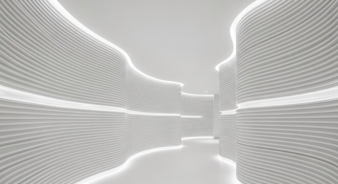 Abstract white interior design with flowing lines and ambient lighting