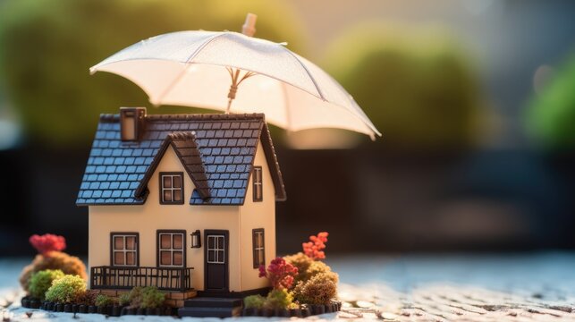 A small, white, toy house with a black roof and windows, sitting on a stone surface with a blurred green background.