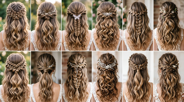 Collage of beautiful bridal hairstyles, elegant half-up half-down braided hair sets with pearls, flowers and butterfly hair accessories