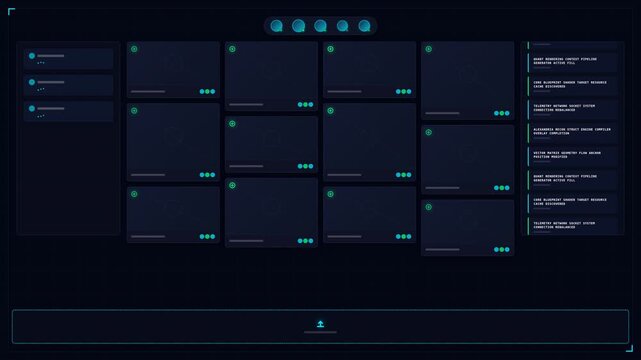 Futuristic Motion Graphics Dashboard Animation Showcasing Data Visualization and User Interface Elements in a High-Tech Environment.