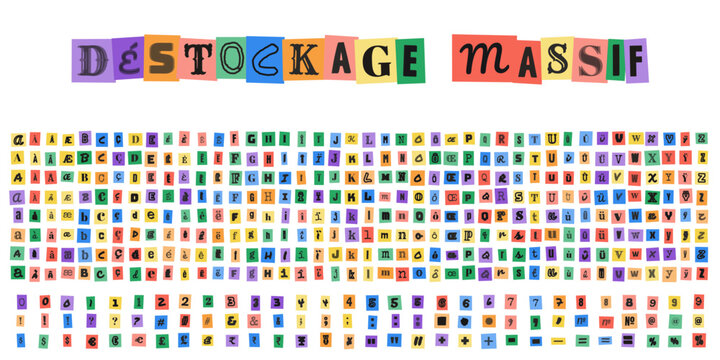 DESTOCKAGE MASSIF alphabet style lettre anonyme pour affiche de vente et promotion commerciale design graphique