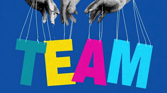 High‑contrast pop‑art graphic illustration on solid blue background, halftone dotted hands controlling puppet‑style colorful team letters via white strings, dynamic tilted typography for teamwork