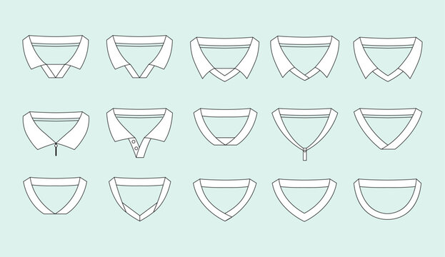 Collars shirt vector illustration set featuring various neckline styles for fashion design and apparel clothing templates