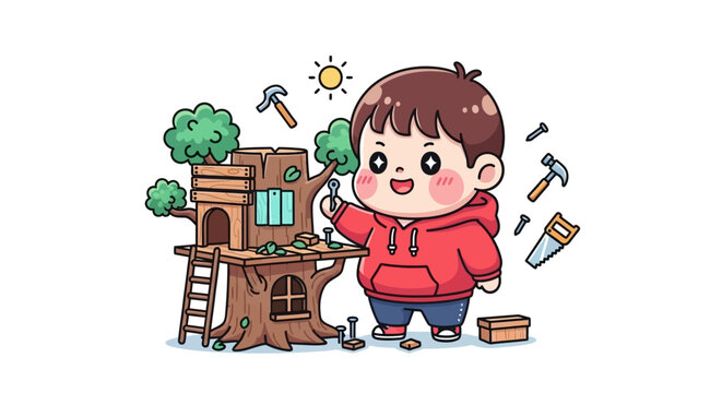 Happy Child Building a Creative Treehouse with Tools.