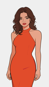 Elegant female character in halterneck cocktail dress