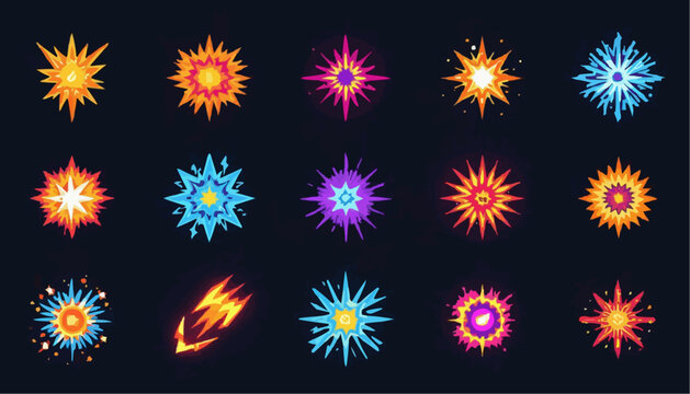 Creative explosion burst vector icon collection featuring comic-style starburst shapes in vibrant red, orange, yellow, and pink gradients.