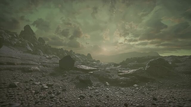 Rocky alien landscape with dramatic purple clouds and distant mountains under dusky sky