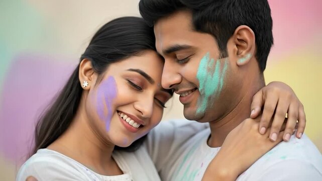 Young Indian couple embracing with colored powder on faces celebrating a spring festival of colors. Romantic lifestyle portrait for love and happiness concepts.