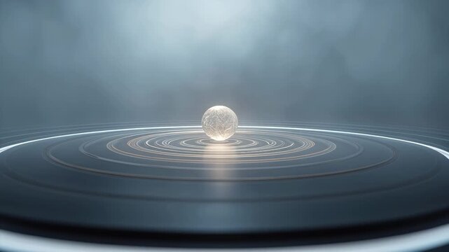 Glowing cracked glass sphere over concentric metallic ring with glowing wireframe network