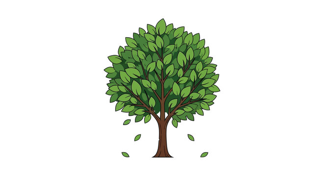 Green tree illustration with falling leaves on a white background
