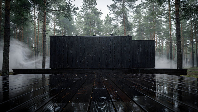 Minimalist charred wood modular cabin in misty pine forest after rain