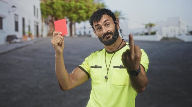 Man referee holding red card and showing middle finger on a street with whistle and headset visible; defiance.