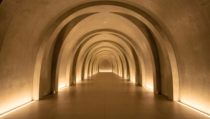 Obraz premium Sculptural concrete arches corridor with warm ambient uplighting