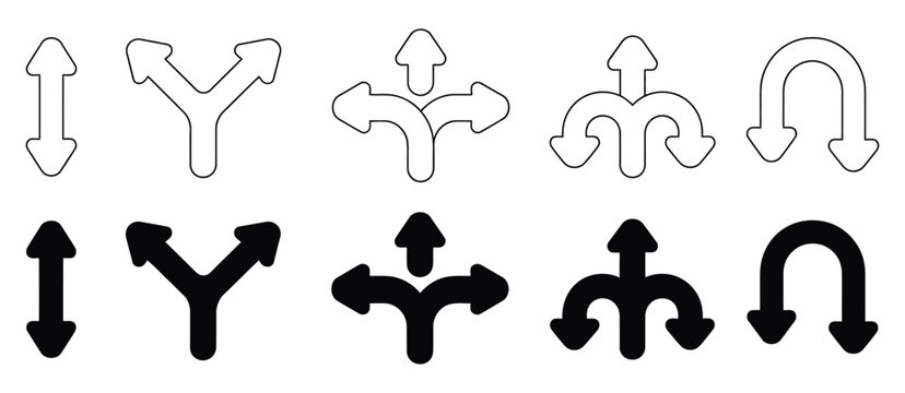 Directional arrow and road navigation icon set featuring minimal thin line and solid symbols for turn split U-turn intersection routing  interface elements