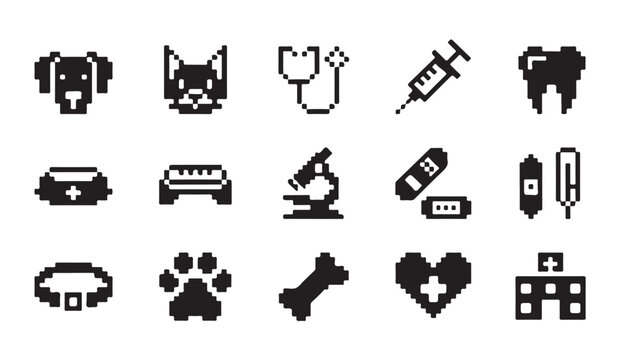 Set of pet health and veterinary clinic icons in distinctive pixel art design aesthetic.