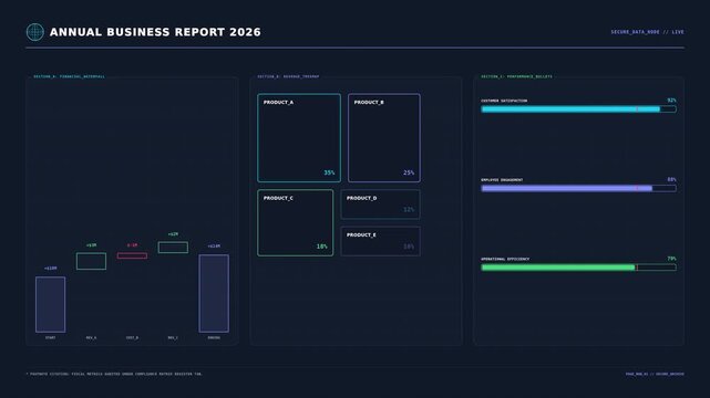 Dynamic motion of a modern business report dashboard with graphs charts and data visualization elements for financial analysis and corporate presentation.