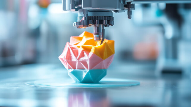 Precision 3D printing machine manufacturing a colorful abstract geometric shape