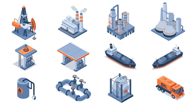 Industrial Energy Production and Transportation Icons Set.