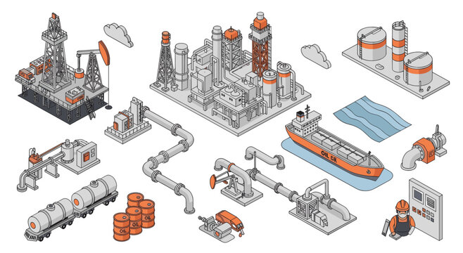 Industrial oil and gas refinery complex with transportation elements.