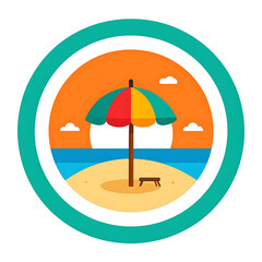 Fototapeta premium Tropical beach scene with colorful umbrella and lounge chair under a warm sunset, vacation and relaxation concept