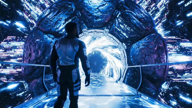 Man in futuristic suit faces portal, illuminated by neon blue lights and streaming digital data, walking across reflective corridor toward swirling vortex, atmosphere tense and awefilled,