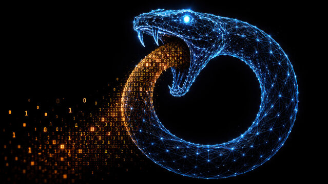 Digital representation of serpent consuming its own tail, symbolizing cycles and renewal, with binary code flowing from its mouth, reflecting